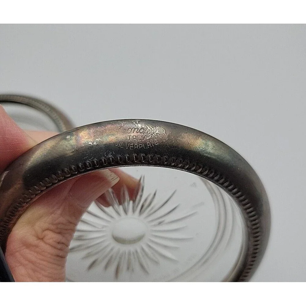 Vintage Leonard Crystal & Silverplate Coaster Ashtray Sunburst Set of 2